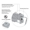 A technical diagram highlights the door closer's adjustment valves, spring power settings, and spindle features.
