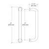 A technical line drawing showing the 8-inch center-to-center mounting dimensions of the door pull handle.