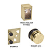 Labeled brushed bronze Brixen shower door components showing a track holder fitting, a square stopper, and two rollers.