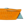 A close-up view of the orange utility knife handle showing the Lutz 82 branding and the metal blade.