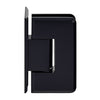 A profile view of the matte black brass shower door hinge showing its beveled edge design.