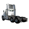 A white Navistar conventional cab big rig truck showing the rear window installation.