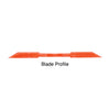 The side profile view of the orange plastic razor blade shows its tapered edge design.