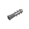 An angled view of the grey plastic screw anchor showing the hollow interior.