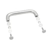 A chrome pull handle shown with its mounting hardware components laid out in a row.