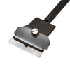 A close-up view of the metal scraper head and razor blade secured by a screw.