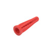 A single red conical plastic screw anchor shown from an angled top view.