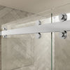Close-up view of the top roller hardware on the Cambridge Series stainless steel sliding shower door system.