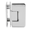 A side profile view of the polished chrome glass-to-glass hinge showing the mounting plates.