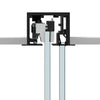 A cross-section view showing the internal hardware of the matte black sliding door and fixed panel mount.
