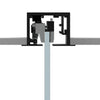 A cross-section view of the sliding door hardware showing the internal roller mechanism and glass mounting.