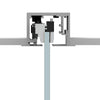 A detailed cross-section view of the sliding door hardware mechanism holding a glass panel.