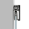 A cross-section view showing the internal roller mechanism and glass clamp for the sliding door system.