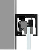 A cross-section view showing the internal roller mechanism and glass clamp of the sliding door system.