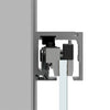 A cross-section view showing the internal roller mechanism and glass clamp of the sliding door system.