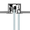 A cross-section view showing the internal roller mechanism and track housing for the sliding glass door system.