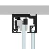 A cross-section view showing the internal roller mechanism and glass panel placement within the matte black track.