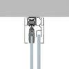 A cross-section view showing the top-hung roller mechanism and track assembly for the sliding glass door and fixed panel.
