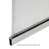 Close-up of gray serrated spline securing screen mesh into a metal window frame.