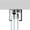 A cross-section view showing the internal rollers and mounting hardware for the two-panel telescoping glass door system.