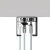 A cross-section view showing the internal rollers and mounting hardware for the two-panel telescoping glass system.