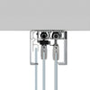 A cross-section view showing the internal rollers and clamps for the two-panel telescoping glass door system.