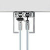 A cross-section view showing the top-hung roller mechanism and clamps holding two glass panels within the ceiling track.