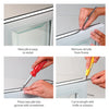 A four-part instructional graphic showing the removal and installation process of the gray window pile weatherstripping into a window frame.