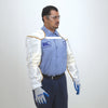A worker wearing the 29-inch cane nylon mesh sleeves over a work shirt for arm protection.