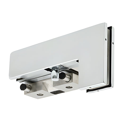 PH40PKRSA satin-anodized glass patch fitting with PK stop/strike for 3/8 or 1/2" tempered glass, right-hand.