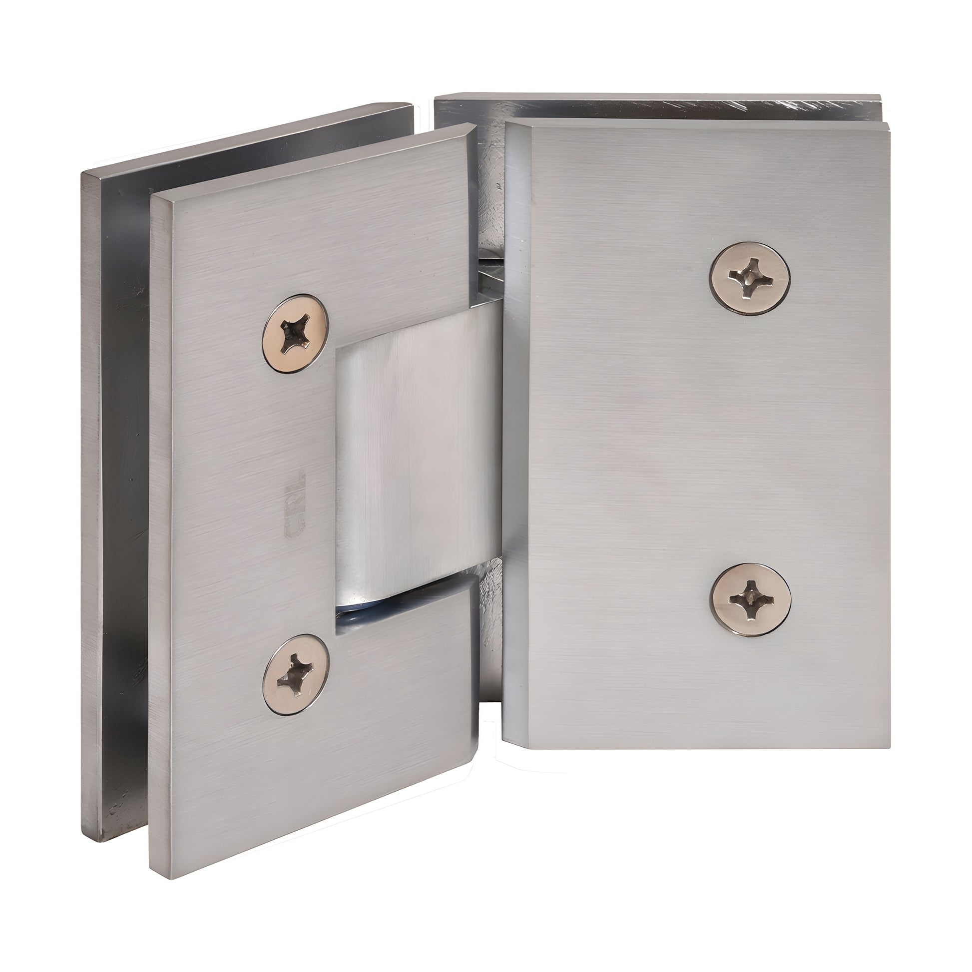 Brushed chrome square glass-to-glass shower hinge (Vienna) for 3/8-1/2 tempered glass, 135 pivot, solid brass.