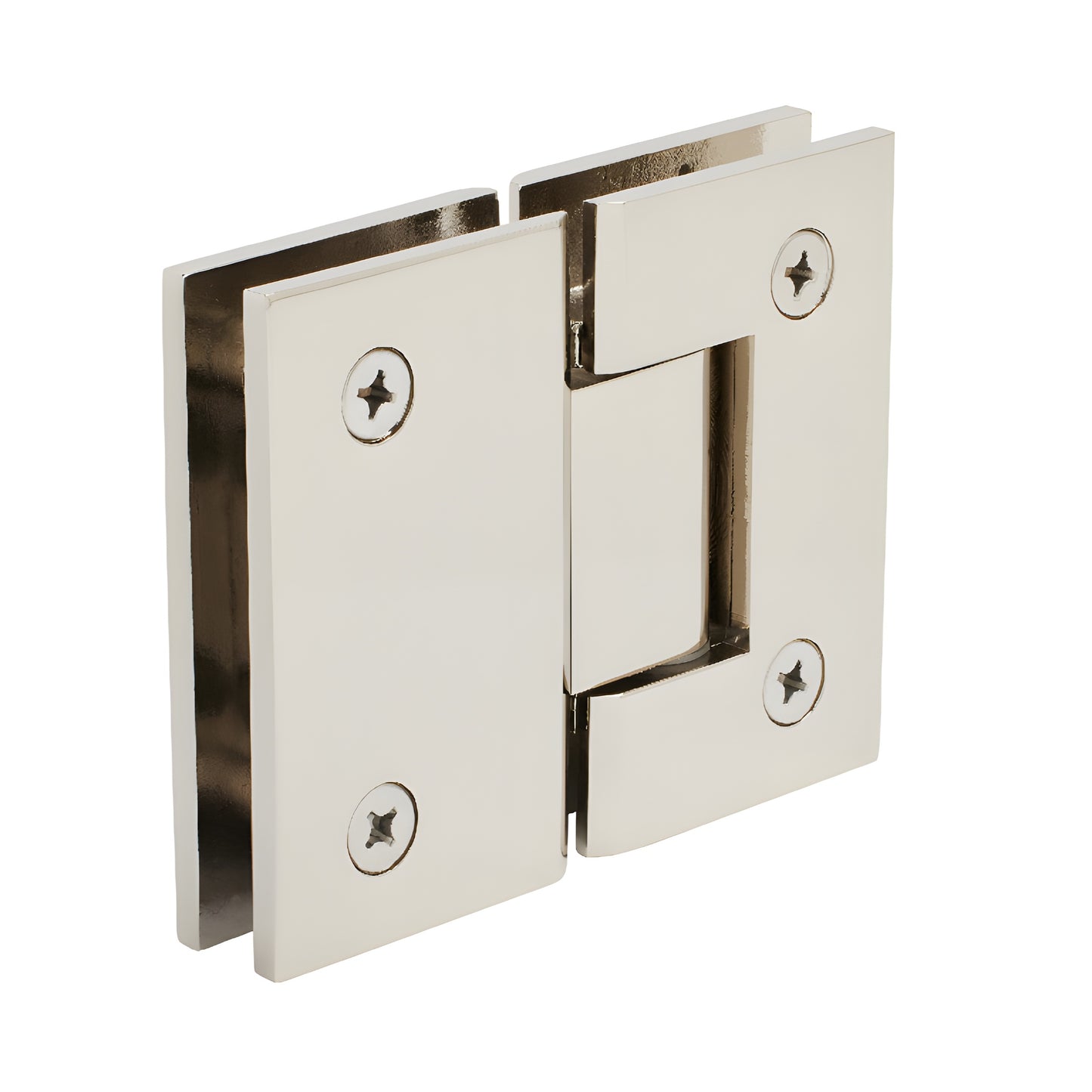 Polished nickel Geneva glass-to-glass shower hinge GEN180PN; solid brass, square profile, fits 8-12mm glass, 180 .