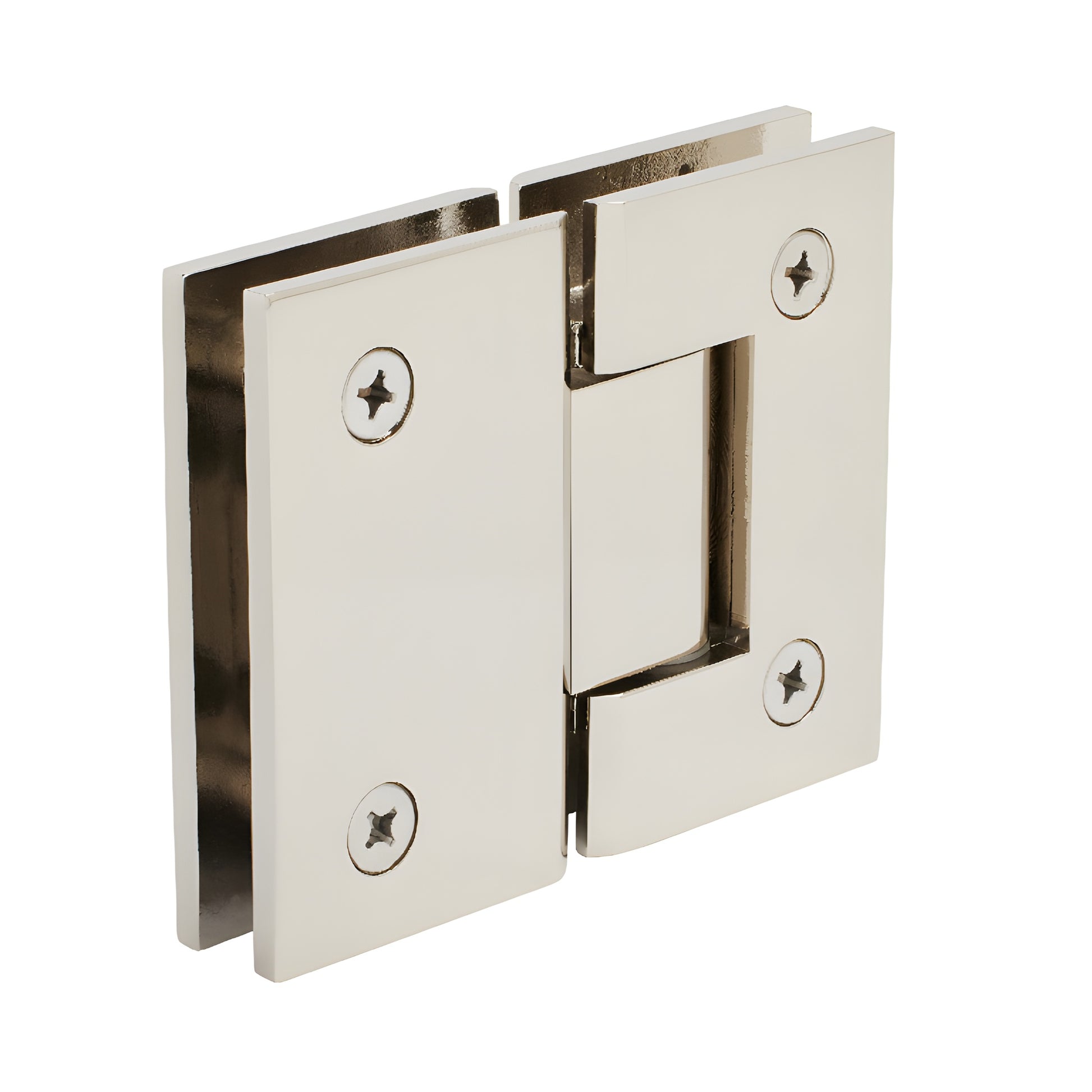 Polished nickel Geneva glass-to-glass shower hinge GEN180PN; solid brass, square profile, fits 8-12mm glass, 180 .