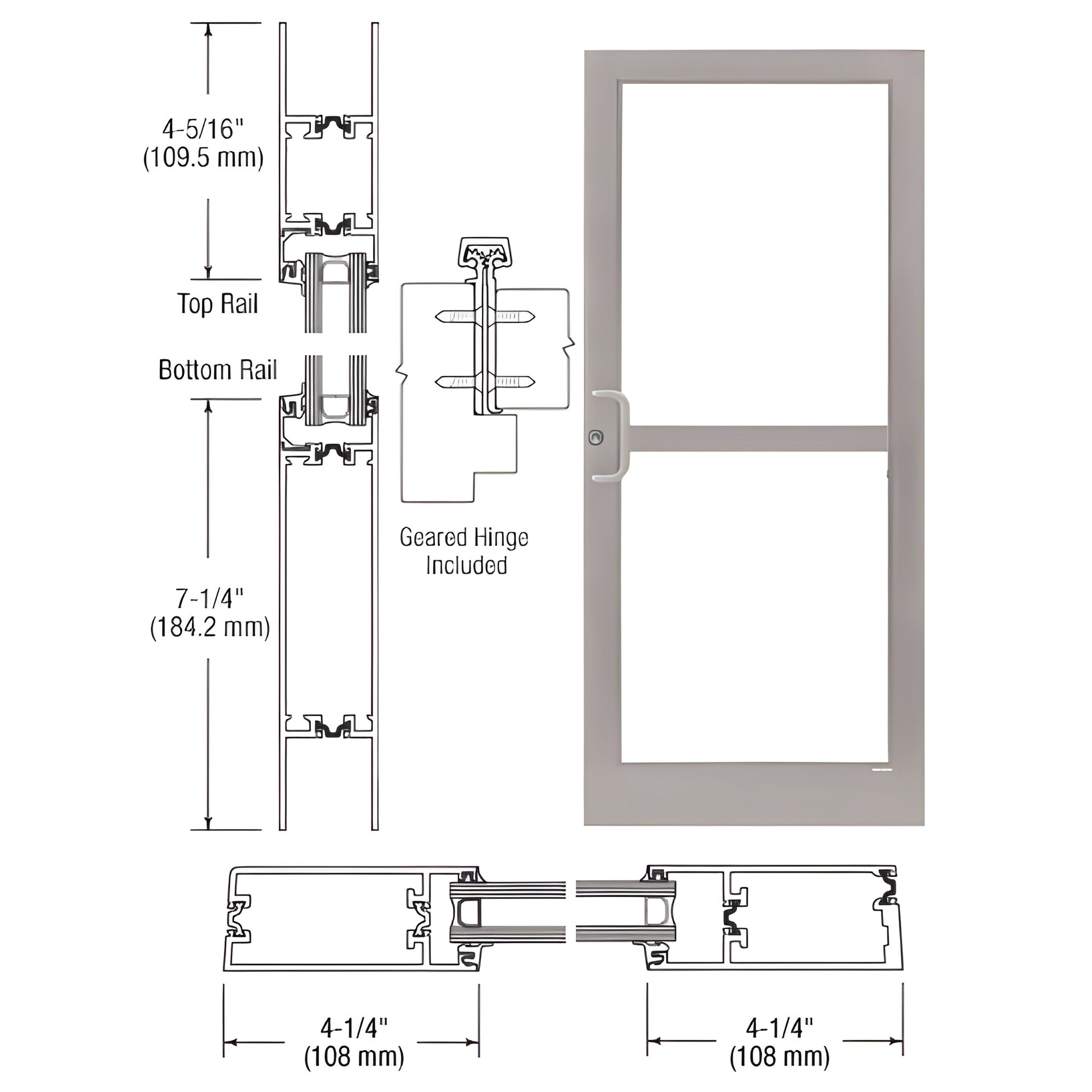 CRL SKU 1Z41811 clear anodized medium stile aluminum entrance door with panic pull, 4 1/4" stiles and 7 1/4" bottom rail