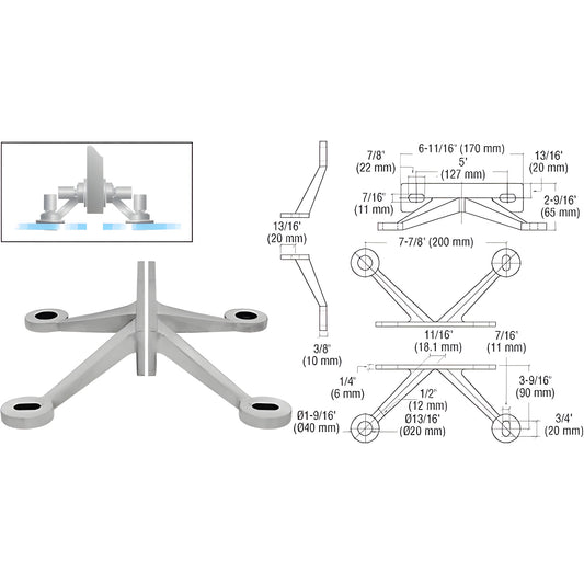 CRL FMR4BS SS four-arm center fin fitting for 3/8-1/2" tempered or 9/16" laminated glass, with studs & nuts