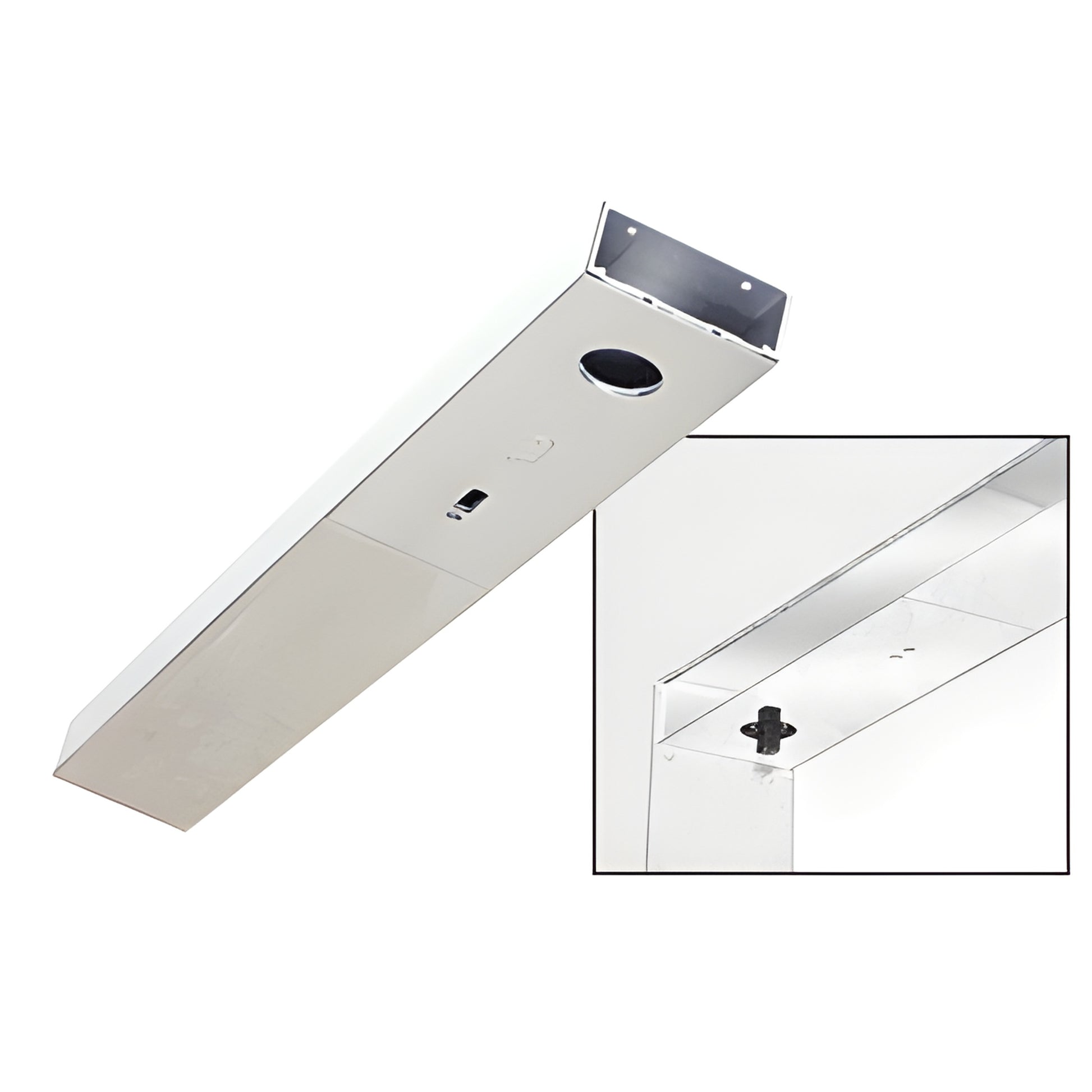 Polished stainless steel single door header DCHPSCS with snap-in closer cover, rectangular overhead profile.