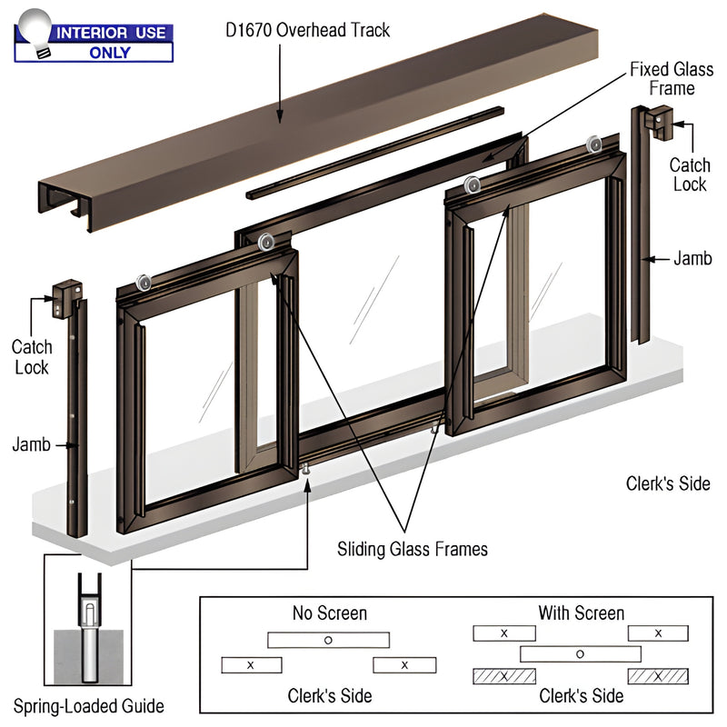 CRL Fawn D1028DU three-panel interior sliding pass-thru window in Duranodic bronze with D1670 overhead track.