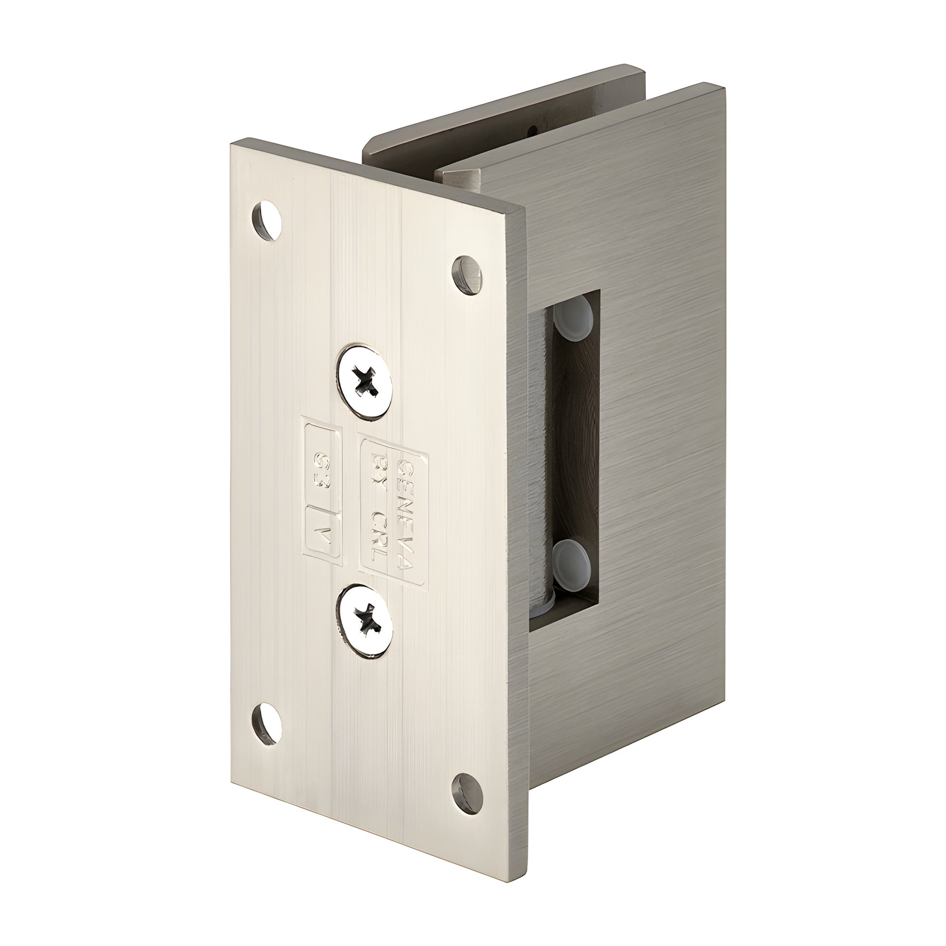 Brushed nickel Geneva glass shower hinge (GEN037BN), brass wall mount full back plate for 8-12 mm glass, self centering.