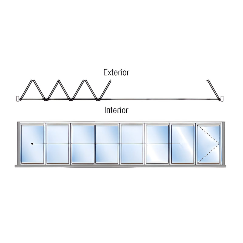 Monterey 8-panel bi-fold glass wall schematic, exterior-fold left, slim black aluminum frame with glazing