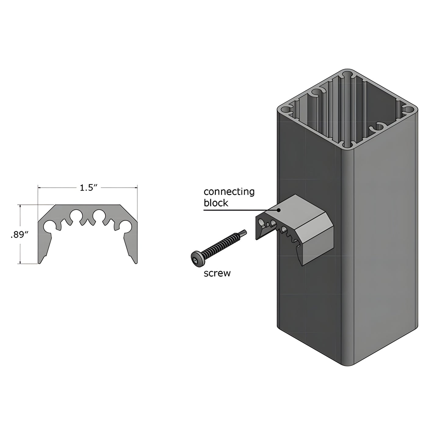 RCB2A12 aluminum rail connecting block, mill finish, extruded 12in bottom rail connector with index grooves