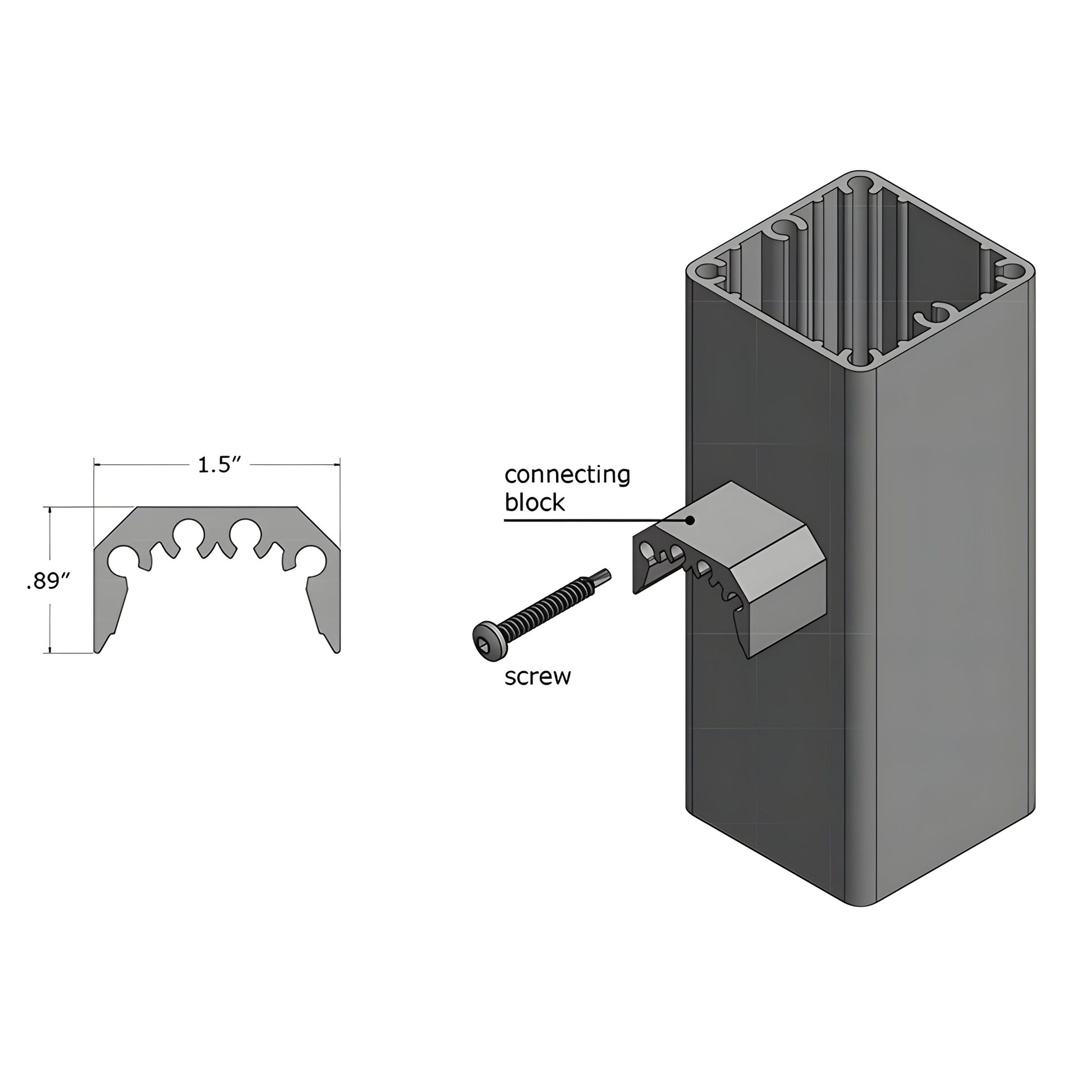 RCB2A12 aluminum rail connecting block, mill finish, extruded 12in bottom rail connector with index grooves