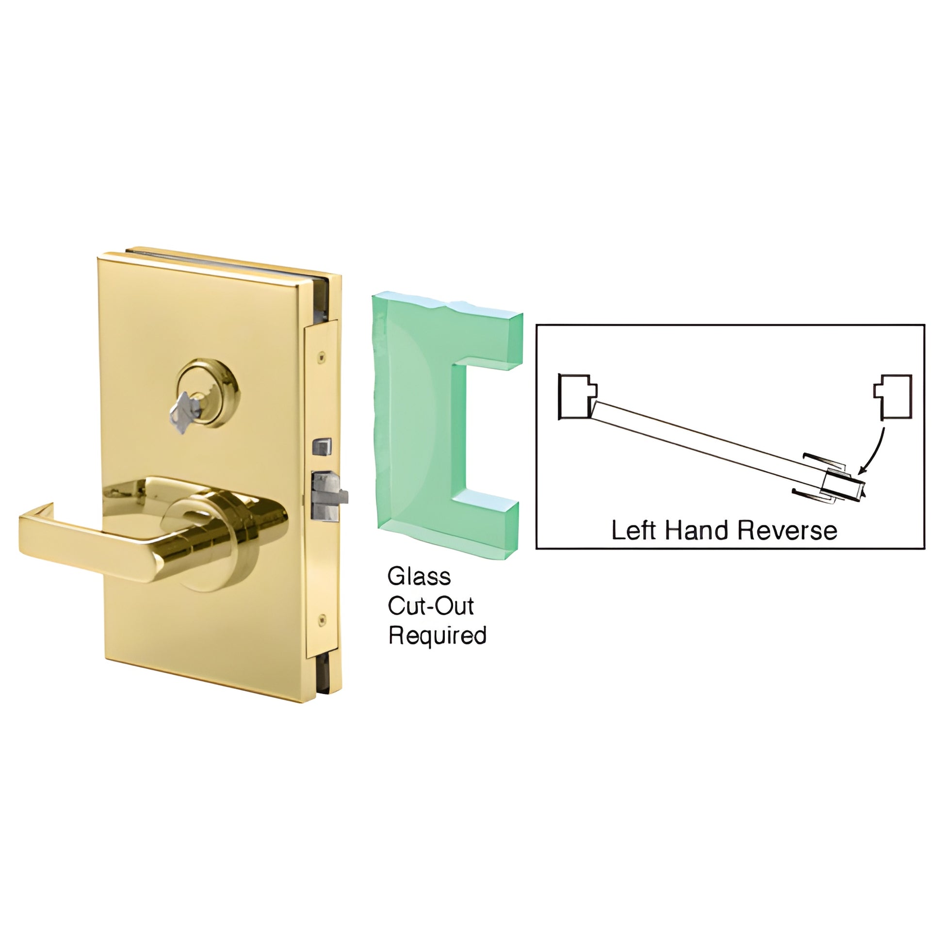 Polished brass 6x10 center lock (DL611LSPB) for 1/2 tempered glass, lever handle, left-hand reverse, glass cut-out required