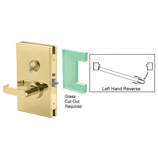 Polished brass 6x10 center lock (DL611LSPB) for 1/2 tempered glass, lever handle, left-hand reverse, glass cut-out required