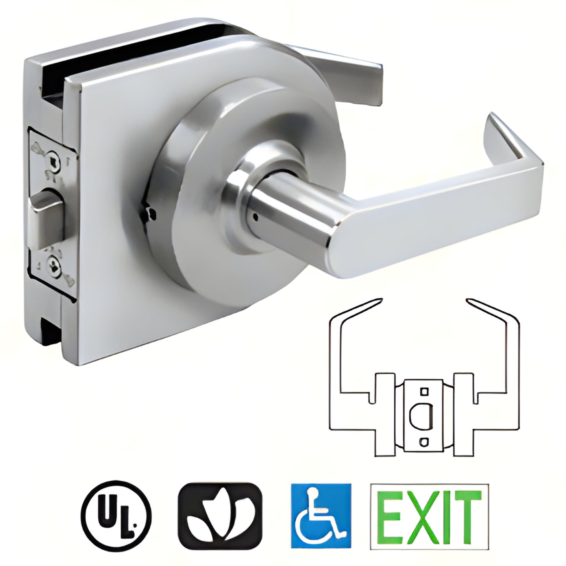 LH10SA satin-anodized round lever lock housing for 3/8-1/2" glass, low-profile commercial glass door lever