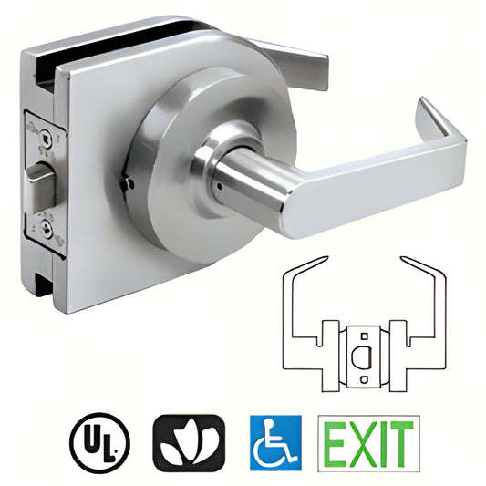 LH10SA satin-anodized round lever lock housing for 3/8-1/2" glass, low-profile commercial glass door lever