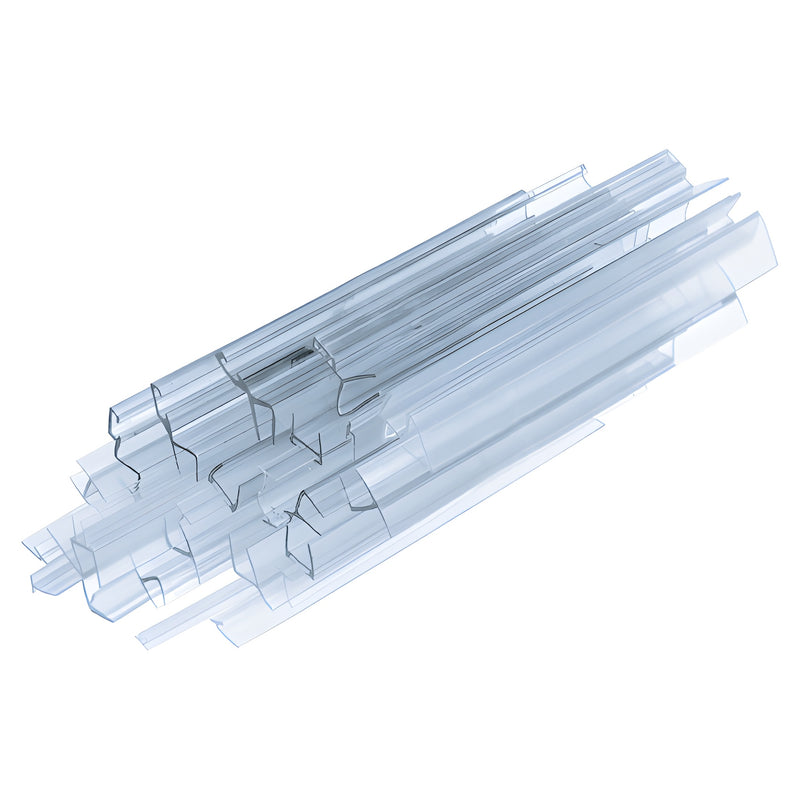 Clear polycarbonate & vinyl shower seal profile samples, 6 in lengths (PVPS95) for frameless glass enclosures.