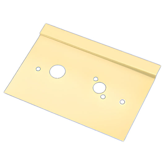 LG610LSB satin brass CRL center lock latch guard plate with mounting holes, 10 in tall, retrofit-ready