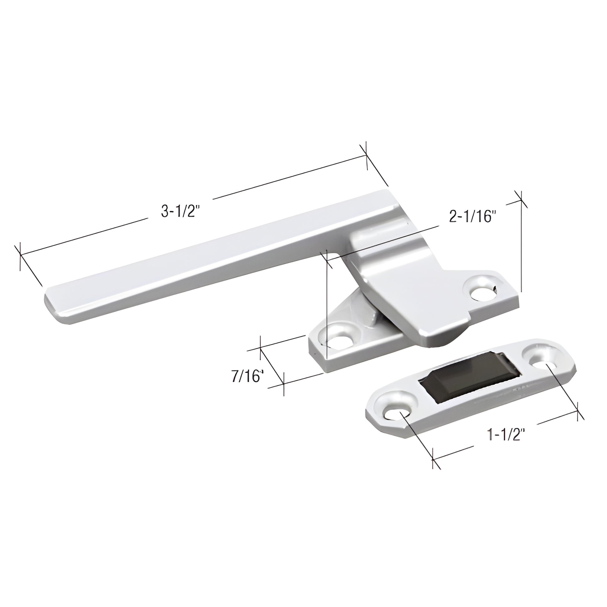 Aluminum left-hand casement window locking handle with strike keeper, screws, 3-1/2" handle (SKU H3596)