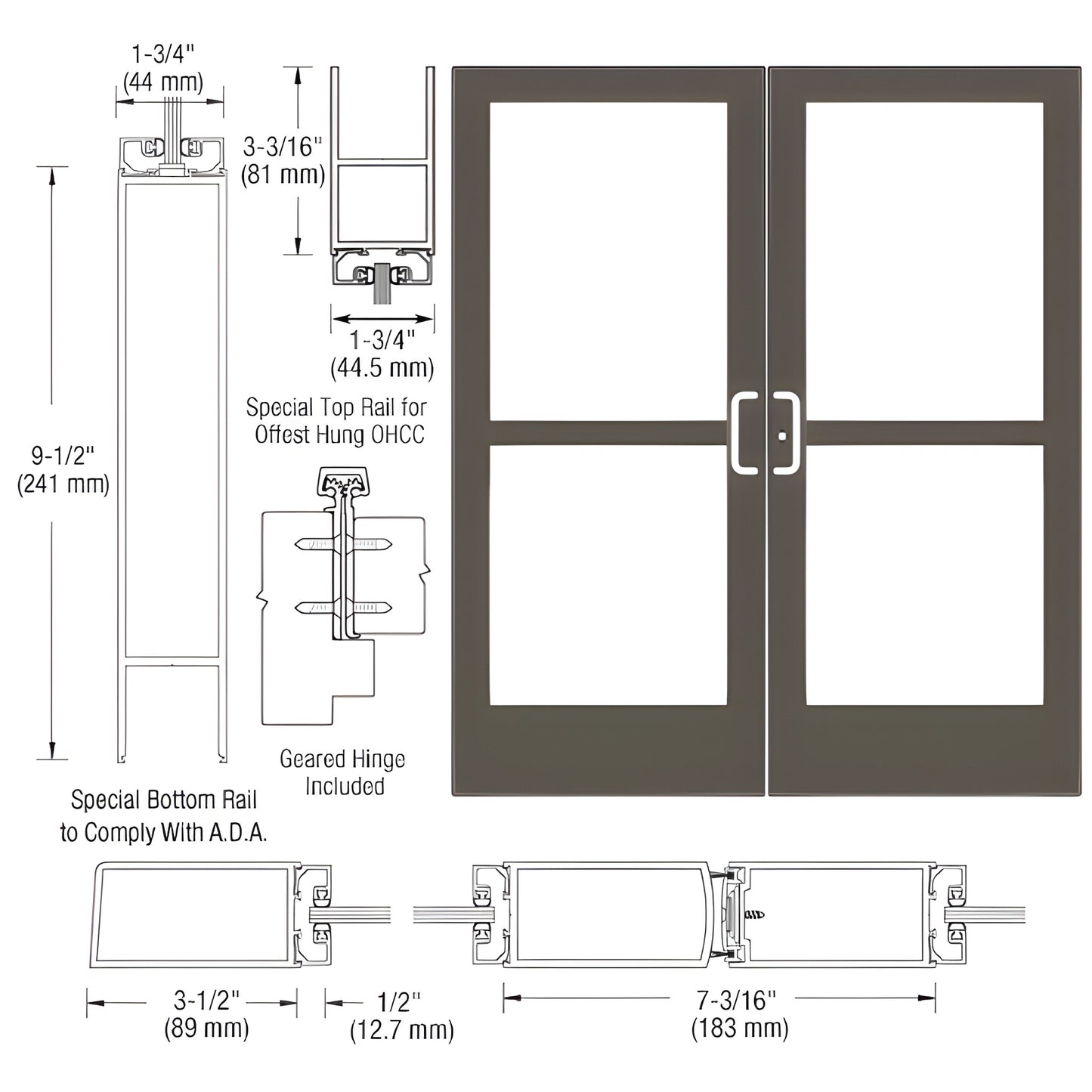 CRL CZ42922 black bronze anodized double commercial storefront door, 3-1/2" stiles, ADA 9-1/2" bottom rail, glass-ready, gear