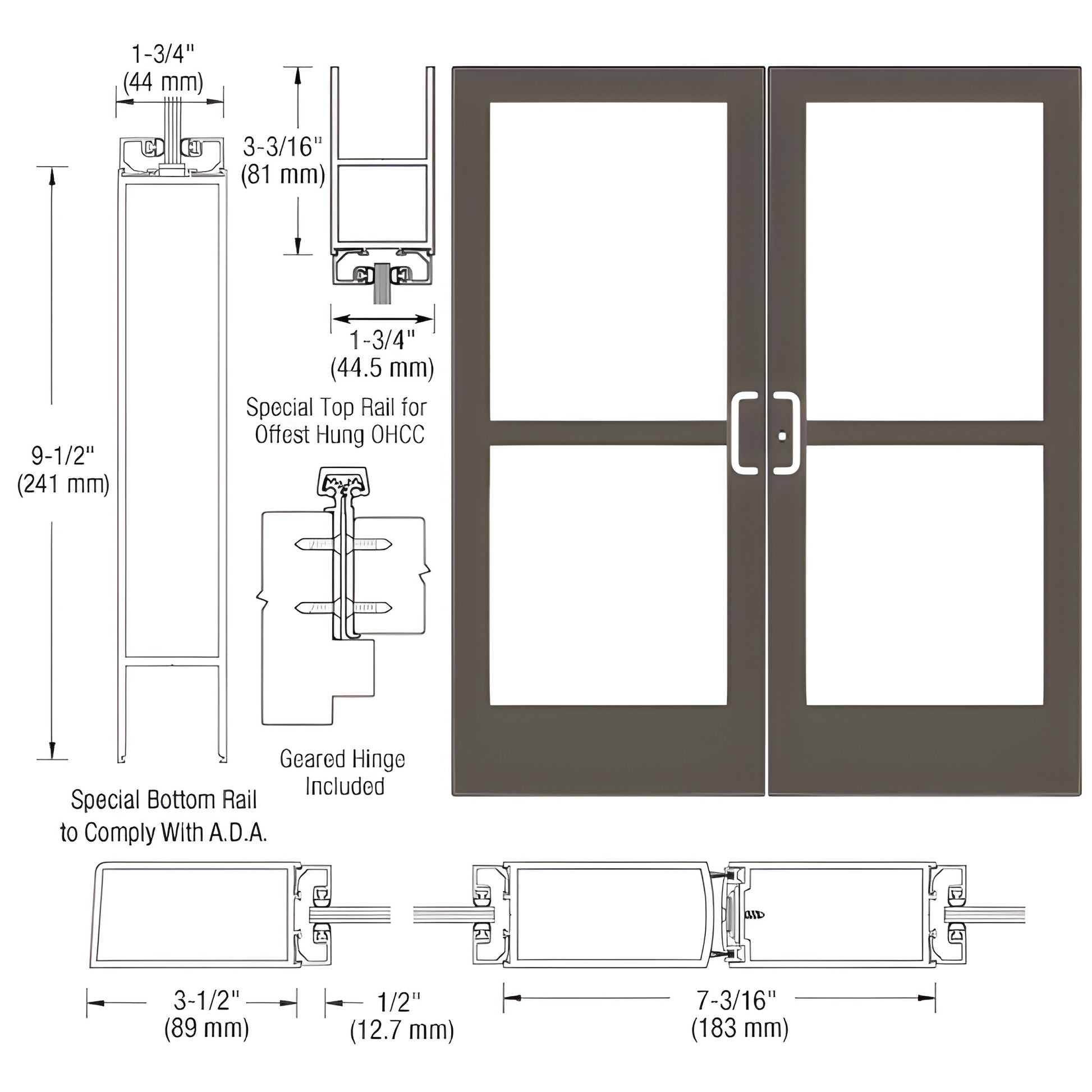 CRL CZ42922 black bronze anodized double commercial storefront door, 3-1/2" stiles, ADA 9-1/2" bottom rail, glass-ready, gear